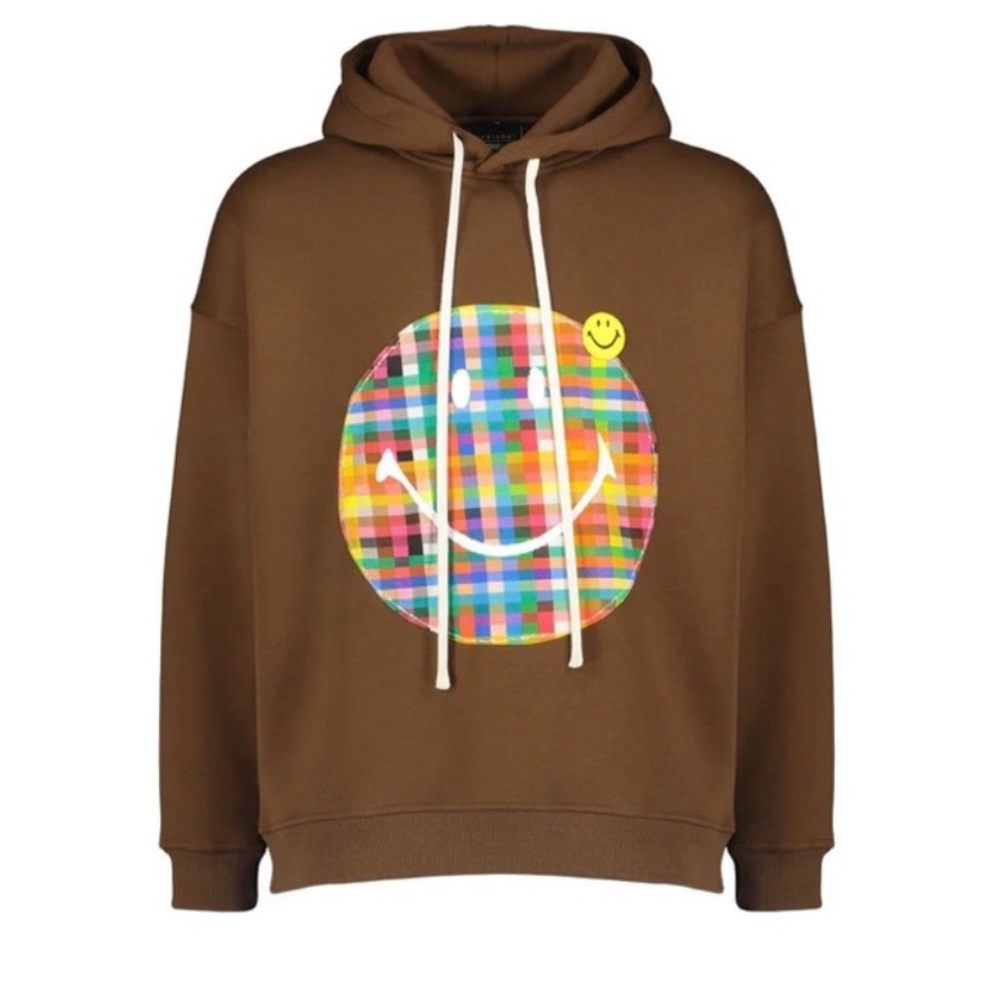 Joshua Sanders Brown Plaid Madras Smiley Face Applique Hoodie Sweatshirt XS